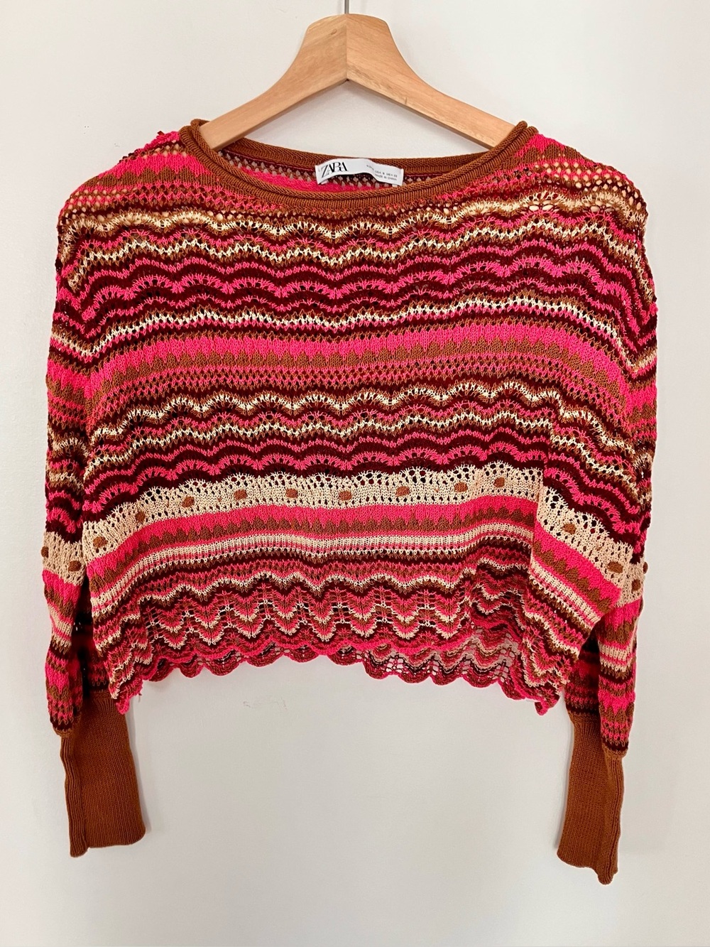 ZARA Pink & Brown Open-Knit Wave Sweater